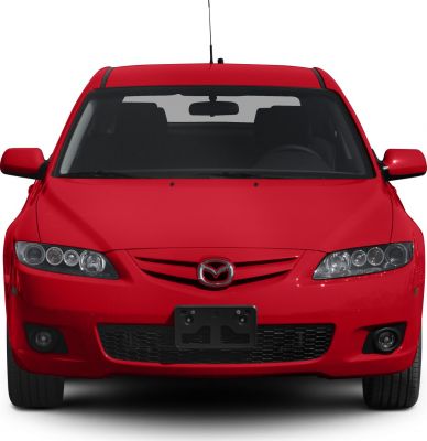Front view showing headlights, grille, and red hood of a hatchback.