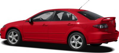 Red hatchback with rear roof spoiler and alloy wheels in sporty design