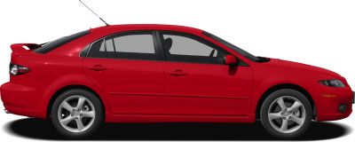 Red hatchback with rear spoiler and alloy wheels side profile