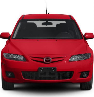 Red hatchback front with headlights and grille