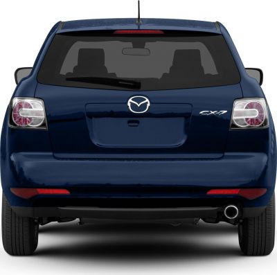 Rear view of a blue SUV with distinctive tail lights and rear window wiper