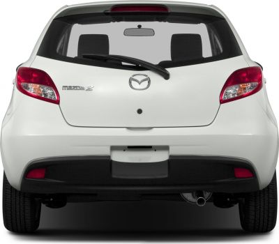 Rear view of hatchback with taillights and rear windshield wiper.