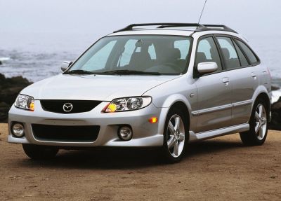 Front view of a compact wagon with headlights and turn signals on