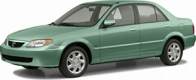 Front and side view of a classic compact sedan with four doors