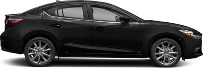 Side profile of a black sedan with alloy wheels and sleek contours