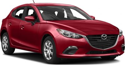 Red hatchback front with aerodynamic headlights and prominent grille