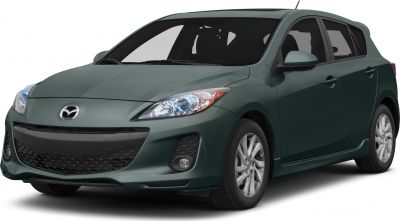 Front side view of hatchback with distinct headlights and grille