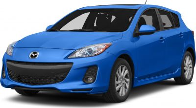 Front and side view of a blue hatchback with prominent headlights and grille