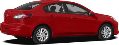 Red sedan rear side view with alloy wheels and tinted windows