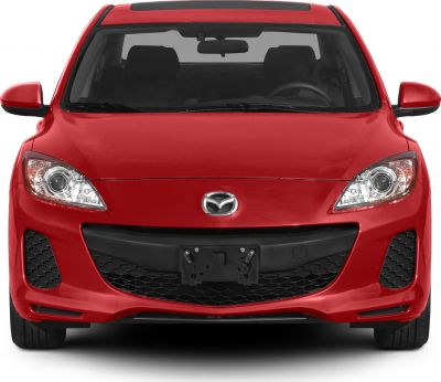 Front view of a red sedan with distinct headlights and grille