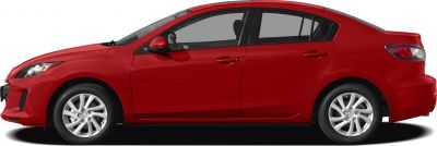 Red compact sedan side view with alloy wheels and black window trim