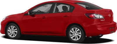 Side and rear view of a red four-door sedan with alloy wheels
