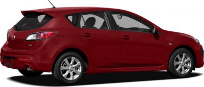 Red hatchback rear side with alloy wheels and rear spoiler