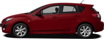 Side profile of red hatchback with alloy wheels and four doors.