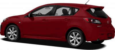 Red 5-door hatchback showing rear-side profile with alloy wheels