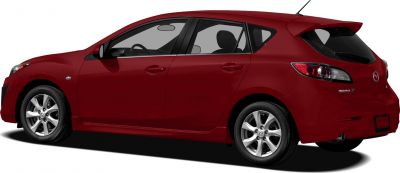 Red hatchback side profile with rear spoiler and alloy wheels