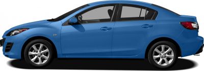Blue sedan side view with alloy wheels and four-door profile