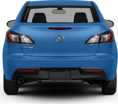 Rear view of blue hatchback with tail lights and single exhaust pipe
