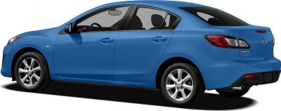 Side and rear view of blue sedan with alloy wheels and rear lights