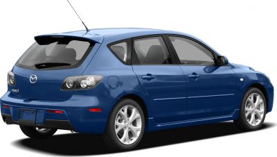 Rear side view of a blue hatchback with sporty alloy wheels