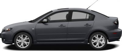 Side profile of a four-door sedan with alloy wheels.