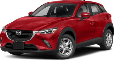 Front-side view of red compact SUV with sleek headlamps and black trim