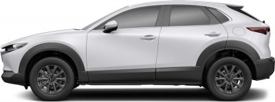Side profile with black plastic fender flares and gray alloy wheels
