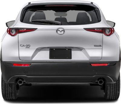 Rear of hatchback with distinct taillights and dual exhaust pipes