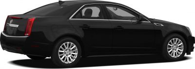 Rear and side profile of a sleek black sedan with alloy wheels and vertical taillights