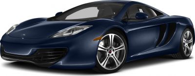 Front and side view of a sleek blue coupe with distinctive aerodynamic design and alloy wheels