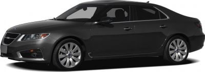 Black sedan side profile with alloy wheels and tinted windows.