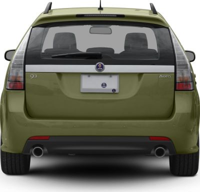 Rear view with rear hatch, taillights, dual exhausts