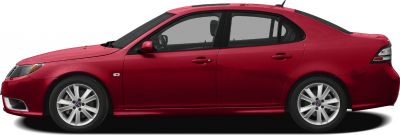 Side profile of red sedan with alloy wheels and four doors