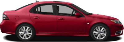 Side profile of red sedan with alloy wheels and tinted windows