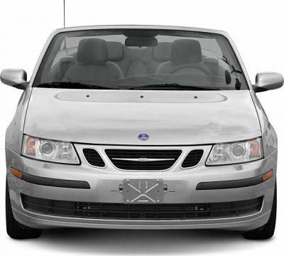 Front view of a convertible with distinct grille and headlights