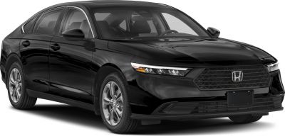 Front three-quarter view of a black sedan with sleek headlights and distinctive grille