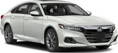 Front side view of a sleek sedan with LED headlights and alloy wheels