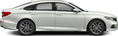 Side profile of sleek white mid-size sedan with modern alloy wheels.