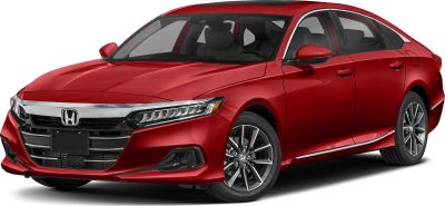 Red sedan front-side view with LED headlights and alloy wheels