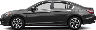 Side profile of mid-size sedan with alloy wheels and chrome trim