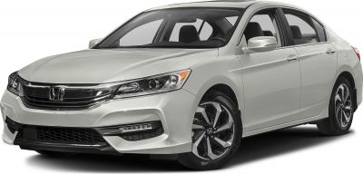 Mid-size sedan front-side view with LED headlights and alloy wheels