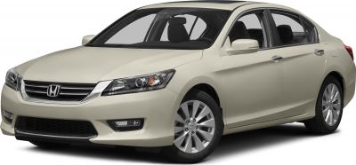 Front-side view of a mid-size sedan with sleek headlights and alloy wheels