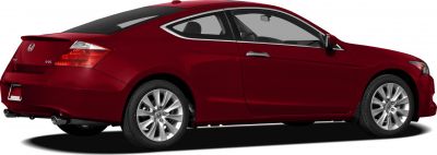 Red coupe rear-side view with V6 badge and alloy wheels