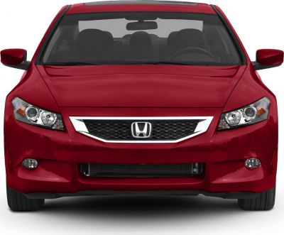 Front view with headlights, grille, and red paint