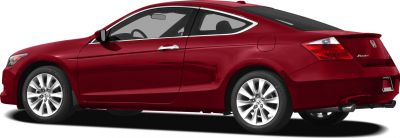 Red coupe with sleek side profile and dual exhaust rear