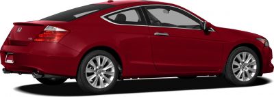 Red two-door coupe showcasing rear side profile with V6 badge and alloy wheels