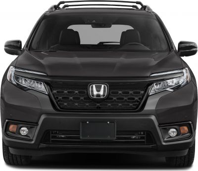 SUV front view with grille, headlights, roof rails