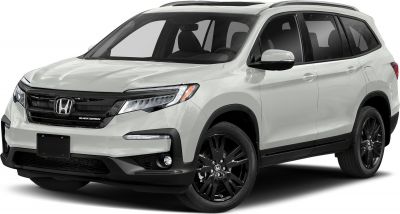 Front side view of SUV with LED headlights and black rims