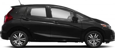 Side view of black subcompact hatchback with alloy wheels.