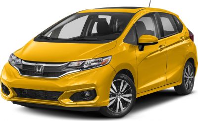 Front view of a yellow compact hatchback with alloy wheels